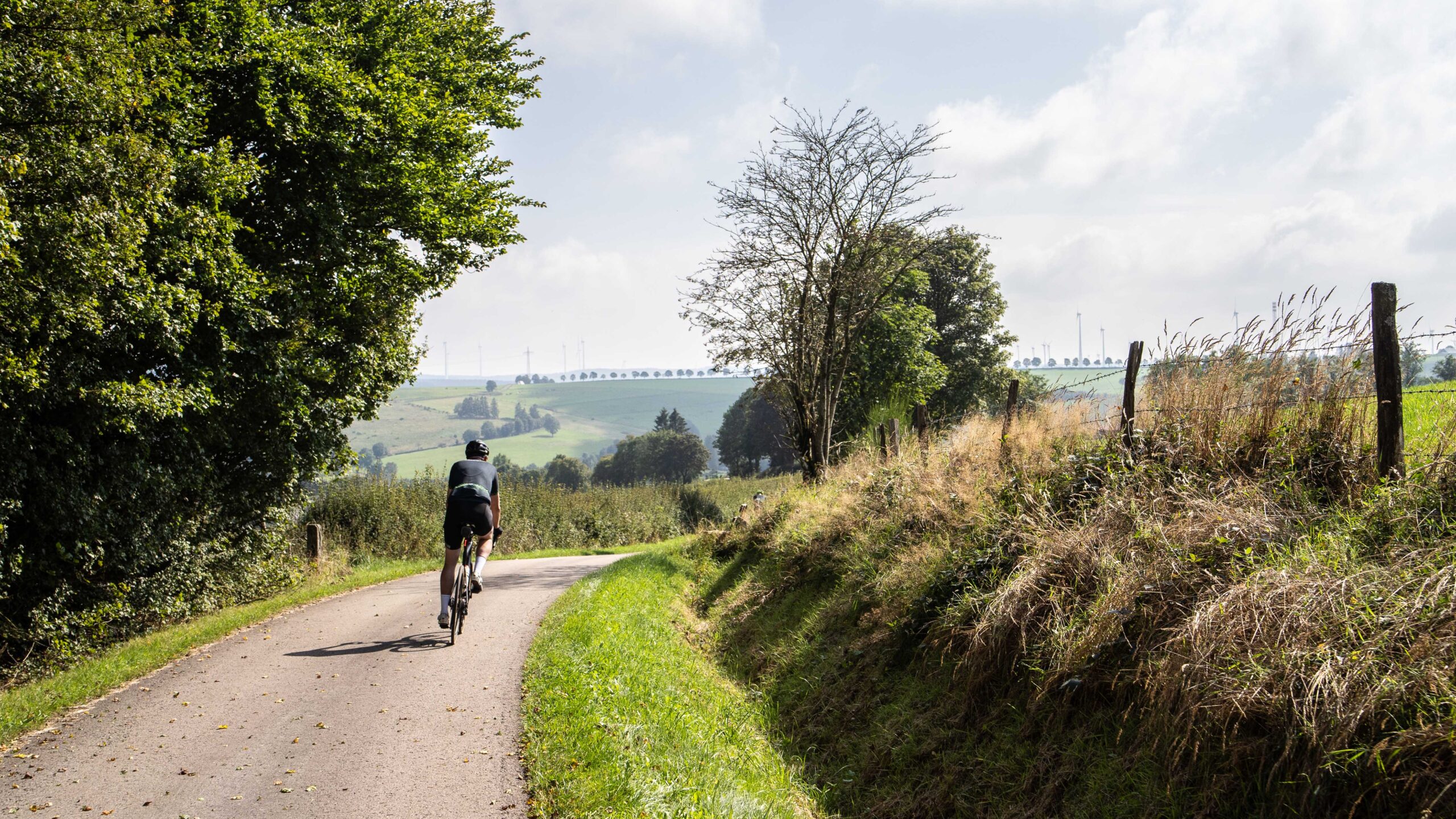 Fietser in afdaling in Eifel tijdens groepsreis Road to Basel