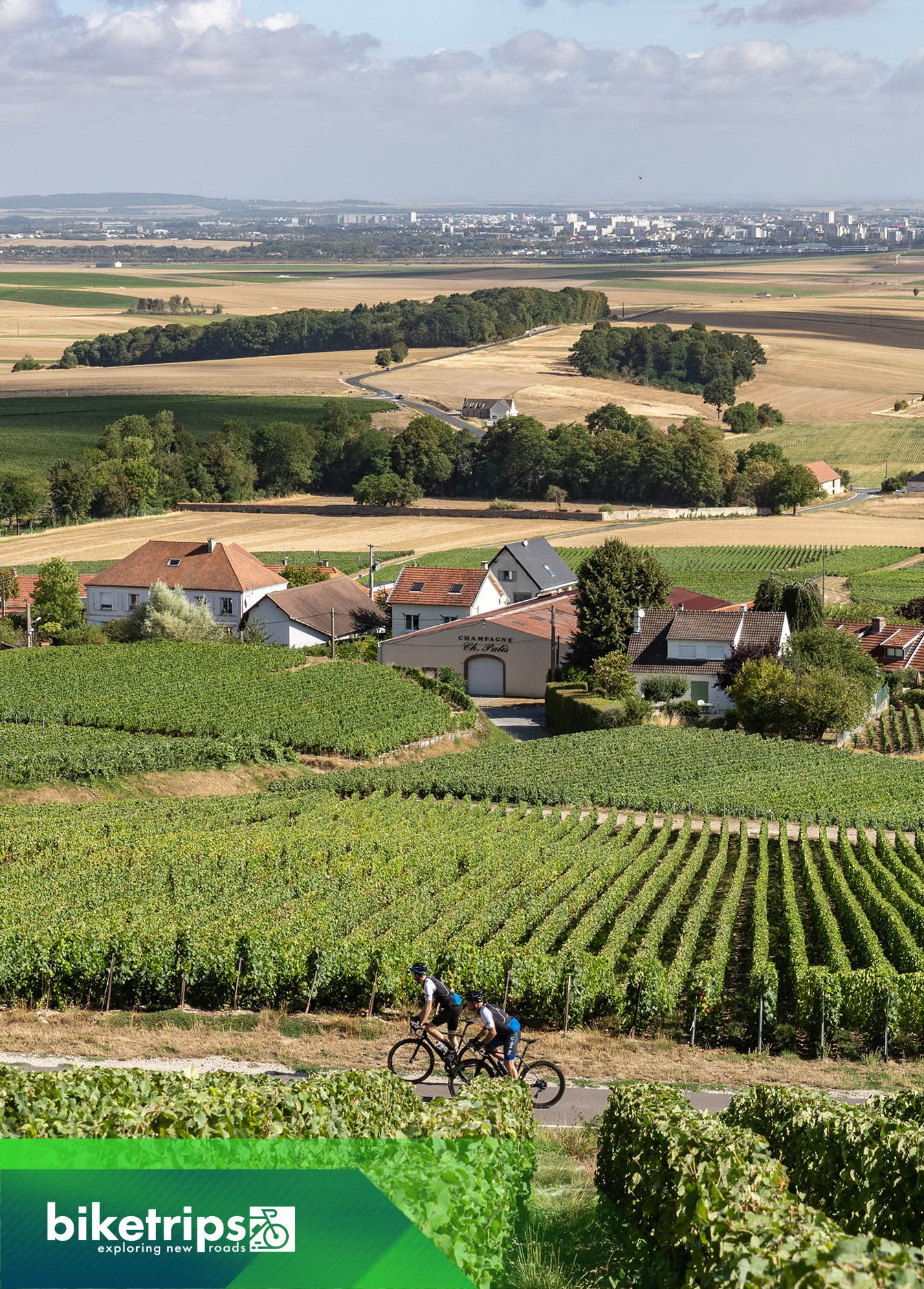 Wielrenners fietsen door prachtige champagnevelden op weg naar Parijs