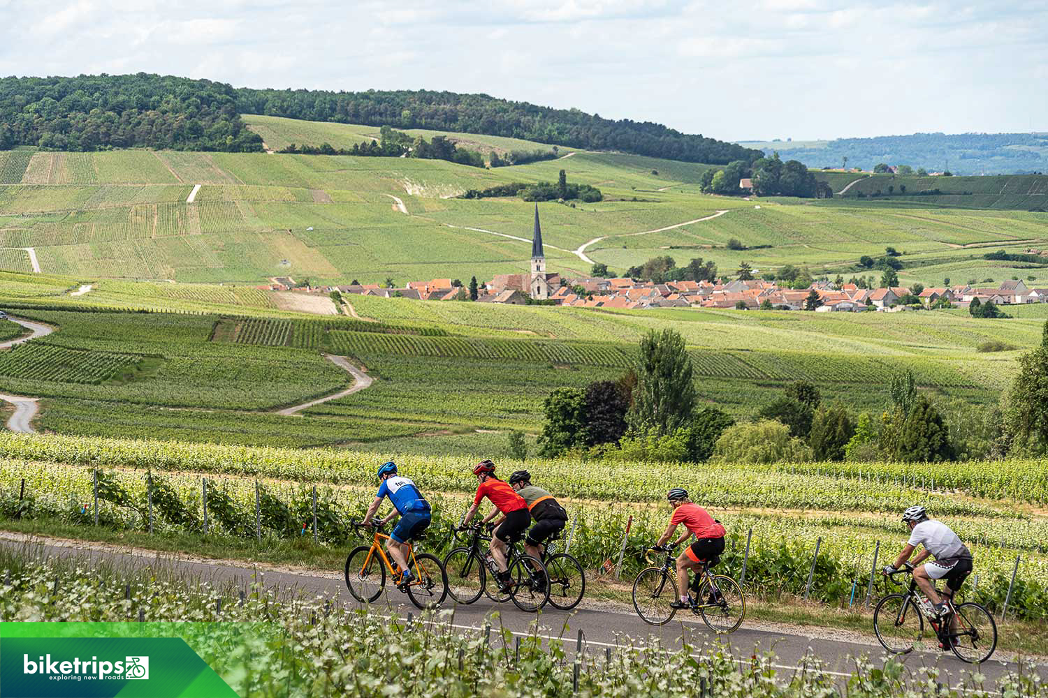 Fietsers met Reims op de achtergrond in de Champagnestreek