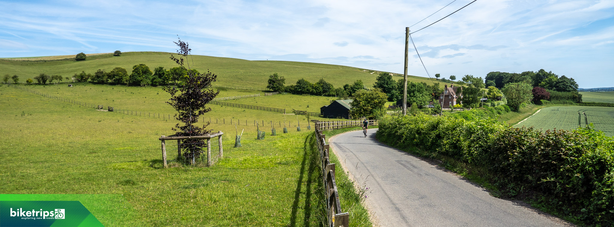 Fietser fietst langs golvende weilanden in Kent Downs National Landscape
